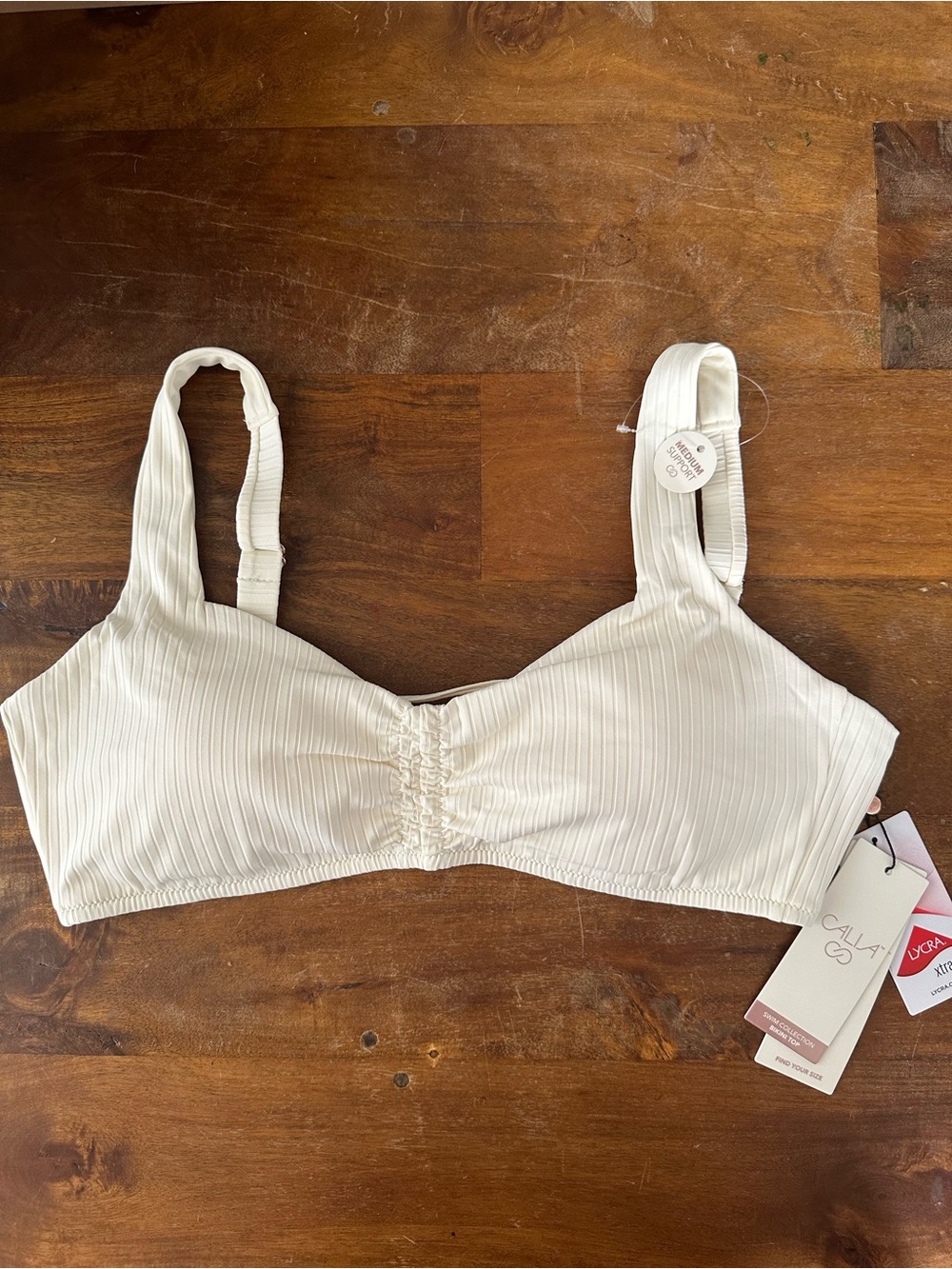 Calia Ruched Frokt Ribbed Wireless Bikini top Cream ladies size L NWT